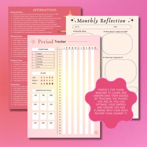 May include: A pink and white printable period tracker with a monthly reflection section. The tracker includes a calendar, a section for tracking symptoms, flow, and length of cycle. The reflection section includes prompts for how the month made you feel and how you can improve it. The text "Perfect for those wanting to learn and understand their bodies by tracking the phases you are in you can optimise your energy and ensure you are flowing with your body rather than against it." is included at the bottom of the page.