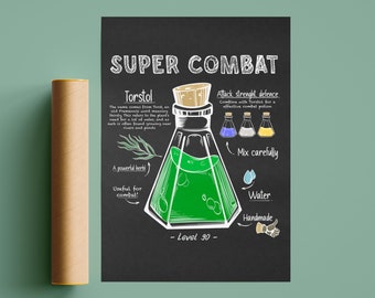Combat Potion Recipe - Poster, Retro, Dorm Room Decor, Vintage Print, Wall Decor, Large Art, Gaming Prints