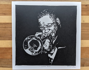 Clifford Brown Playing Trumpet Linocut Block Print