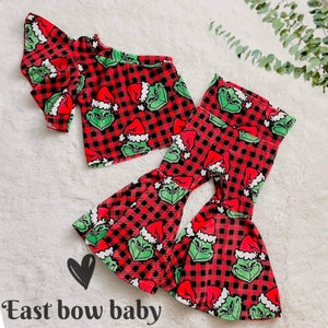 The Grinch Samt Schlaghose und Flatter Top Set, The Grinch Samt Schlaghose, Grinch Samt Top, Grinch Mädchen Outfit, Grinch Mode