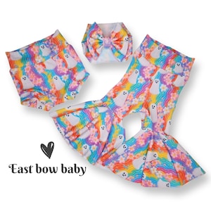Rainbow Halloween ghost bellbottom, Rainbow ghost bow, Rainbow ghost diaper cover, Groovy ghost clothing, Boho ghost bellbottom