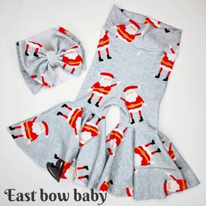 Waving Santa Bellbottom set, Holiday Clothing set, Holiday bow, Holiday Bellbottom, Santa bellbottom