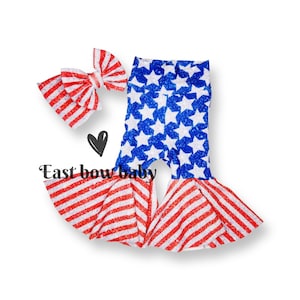 Stars and stripe faux sparklebaby outfit,4th faux Glitter toddler Bellbottom,4th of July Faux glitter outfit, Patriotic bells, Patriotic bow