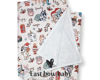 Kocyk świąteczny Blue Heeler, kocyk świąteczny Bluey, kocyk minky Bluey i Bingo, kocyk świąteczny Bluey, kocyk świąteczny Muffin, Bluey