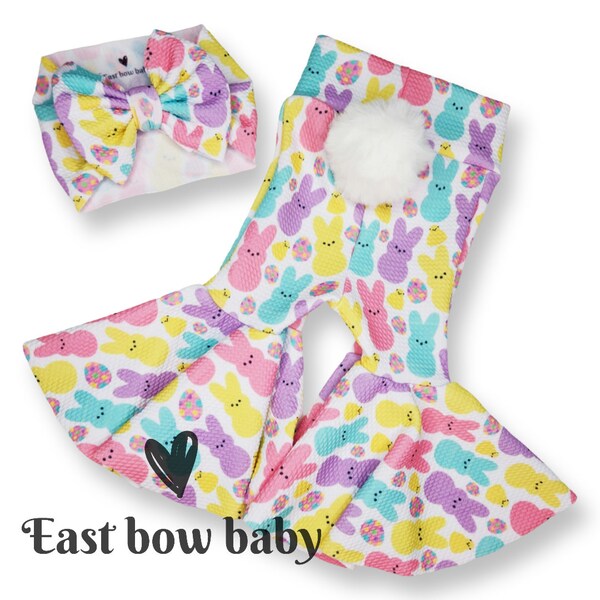 Easter peeps bellbottoms, Bunny tail Bells, Peeps,Pastel peeps bummie set with REMOVABLE BUNNY TAIL, Easter bunny set, Easter clolthing set