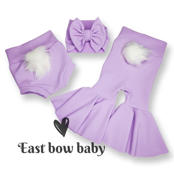 Lilac Easter set with REMOVEABLE bunny tail ,lavender bow,lilac  bellbottom with bunnytail, Easter fashion, Easter lilac bunny,Easter outfit