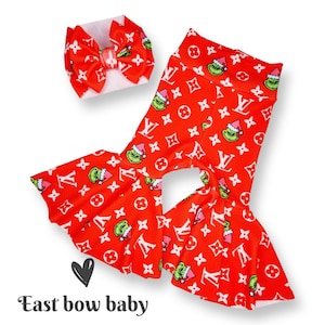 Grinch bellbottom, Red Grinch bells, Grinch fashionista,Grinch bow,Grinch outfit,Grinch baby girl outfit,Grinch toddler girl, Grinch Holiday