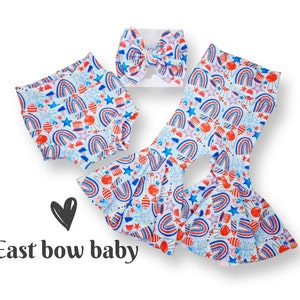 Stars and Stripes First 4th of July Baby Bummies Set, American Babe Baby Girl Skirted Bummies and Bow Outfit, 1st Independence Day
