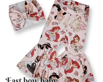 Pantalones de campana de princesa Disney, cubrepañales de princesa Disney, niña princesa, niña princesa, ropa de Disney, lazo de niña Disney