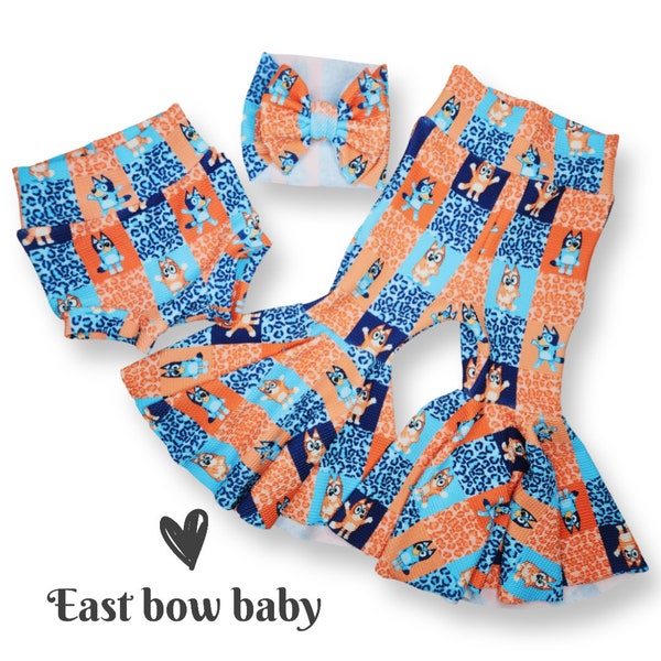 Bluey bells, Bluey outfit, Bluey and bingo clothing, Blue dog bellbottom, Blue dog clothing, Bluey bow, Bingo Bow, Bluey baby girl