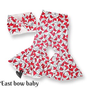 Santa bellbottom set, Santa bow, Santa hat flares, Girls Christmas outfit, Girls Santa outfit, Holiday girls set, Santa hat bells,Xmas party