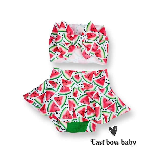 Watermelon skirted bummie, Watermelon Bow, Watermelon baby girl clothing, Diaper cover, first birthday girl, summer photoshoot outfit