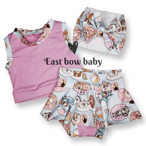Roupa de verão para cachorro azul, Roupa azul para cachorro e amigos, Roupa azul de verão, Roupa infantil Bluey e amigos, Moda Bluey, Bummie com saia Bluey