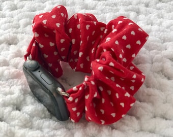 Apple Watch Band | Red With Hearts Scrunchie Watch Band Cotton | Great to Give as a Gift! 38/40/41mm & 42/44/45mm Size | Chunkie Scrunchie