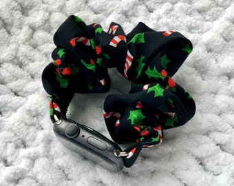 Apple Watch Band | Candy Canes and Mistletoes Scrunchie Watch Band | Great for Christmas time! 38mm/40mm/42mm/44mm Size | Chunkie Scrunchie