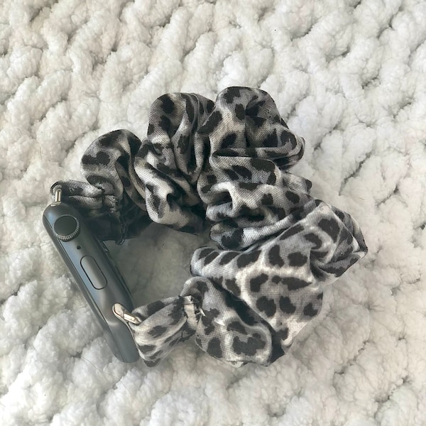 Apple Watch Band | Gray Leopard Scrunchie Watch Band Cotton | Great to Give as a Gift! | 38/40/41mm & 42/44/45mm Size | Chunkie Scrunchie