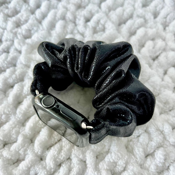 Apple Watch Band | Black Shiny Faux Leather Scrunchie Watch Band | Great to give as gifts! 38/40/41mm & 42/44/45mm Size | Chunkie Scrunchie
