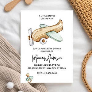 Baby Shower de avión, invitación para baby shower, temas para baby shower, invitación imprimible, tarjeta personalizable, invitación editable, tarjetas imprimibles