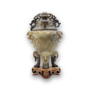 Chinese Natural Jade Hand Carved Tripod Incense Burner