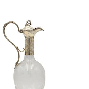Antique French Silver-mounted glass carafe, Hand Etched Glass, France, Paris, Wine Decanter