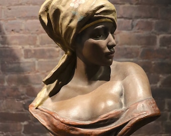 Friedrich Goldscheider Nubian Woman Terracotta Bust, Beautiful Black Woman Female Cast Bust Terracotta hand painted, 19th Century, Austria