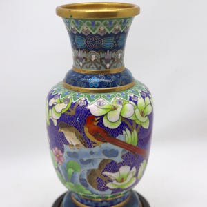 Vintage Chinese Cloisonne Vase Blue & Multi Coloured Enamel inlay metalwork