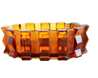 Antique Amber colour geometrical crystal vase, Midcentury modern centrepiece pot