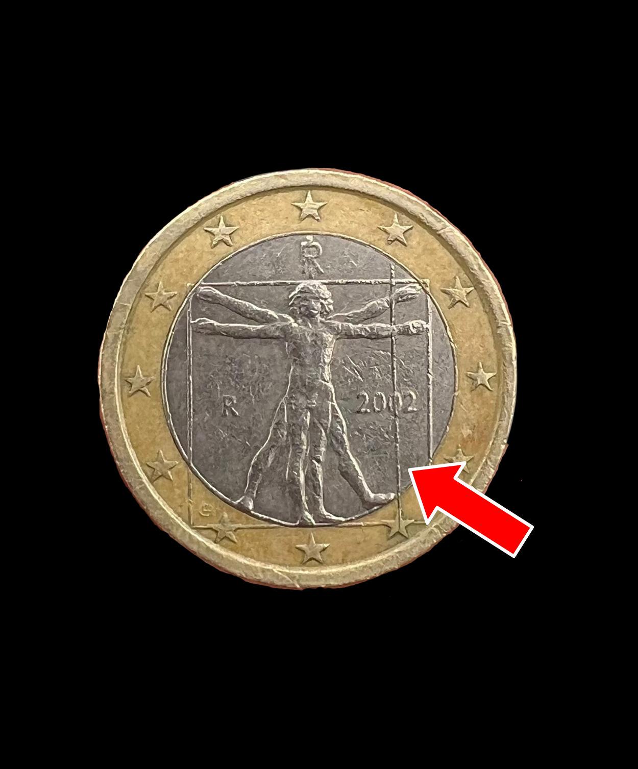 2002年イタリア1ユーロ硬貨：ダ・ヴィンチのウィトルウィウス的人体図