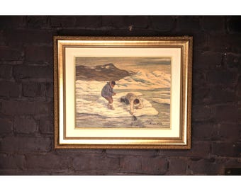 Anna Noeh Inuit Fishing Original Art Canadian Artist Framed Painting