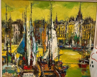 Yung-Han Lee Vintage Chinese Taiwanese Seascape Ships Sailboats oil painting