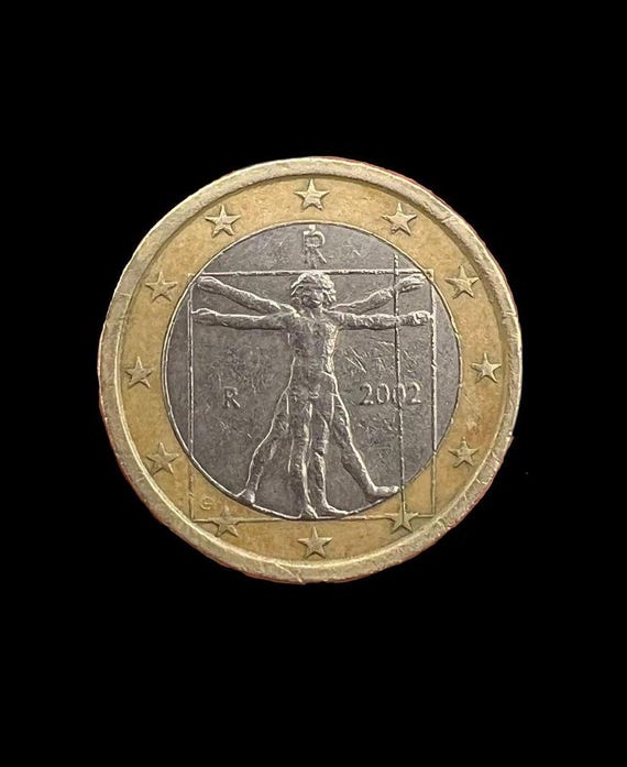 2002 Italian One Euro Coin: Da Vinci Vitruvian Man, Mint