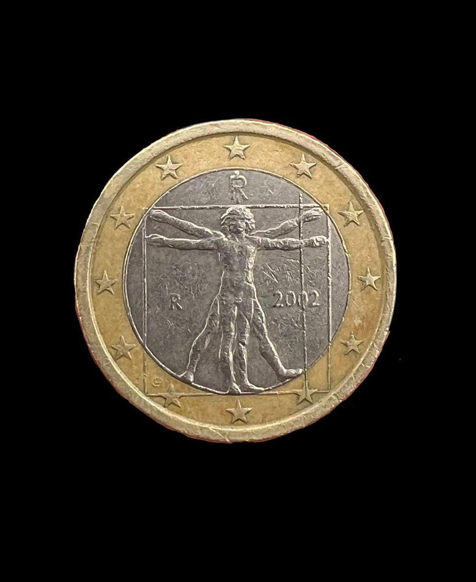 2002年イタリア1ユーロ硬貨：ダ・ヴィンチのウィトルウィウス的人体図