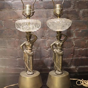 Vintage Art Deco Oil Lamp Etruscan Female Figure Table lamps PAIR