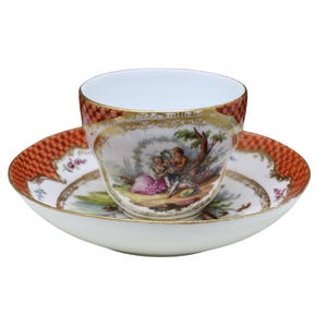 Antique Meissen Tea Cup & Saucer: Hand-Painted Lover&#39;s Scene, Fine German Porcelain