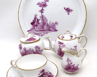Antique French Faience Tea Set: Creil & Montereau Hand-Painted Porcelain