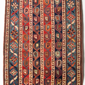 Antique Gendje Caucasian Kazak Rug Carpet, Collectible KAZAK Rug, Hallway Living Room Geometrical Design Runner 4&#39; x 8&#39;5 circa 1860&#39;s