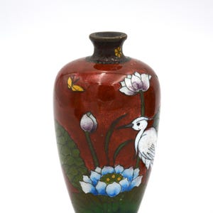 Antique Cloisonne Miniature Vase Red enamel, butterflies, bird depiction