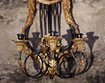 Italian Three-Arm Carved Wood Sconces, Candle Holders, Candlesticks