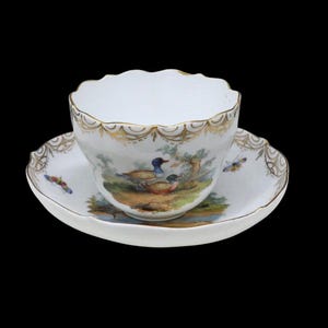 Antique Meissen Coffee Cup & Saucer, Hand-Painted Duck, Birds Scene, Fine German Porcelain, RARE Meissen tea cup