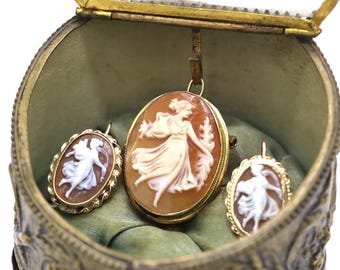 Antique 14K Gold Cameo Pendant and Earring Set – Hand-Carved Shell Design