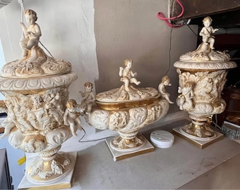 Vintage Capodimonte, LARGE Urn Vases Gold Leaf and White Pottery Three Piece Set