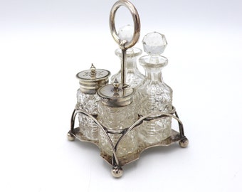 Antique Walker & Hall Sheffield Silver Plated And Glass Cruet Condiment Set, Salt pepper oil vinegar containers, Seasoning table dispensers