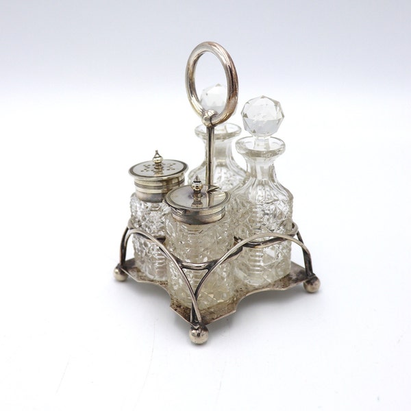 Antique Walker & Hall Sheffield Silver Plated And Glass Cruet Condiment Set, Salt pepper oil vinegar containers, Seasoning table dispensers
