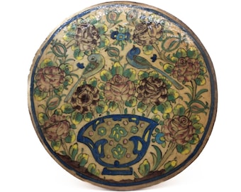 Antique Persian Iznik Qajar Style Ceramic Tile – Hand-Painted Round Floral & Bird Motif
