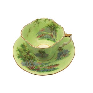 Vintage English Tea Cup & Saucer, Aynsley Bone China, Woodland Scene Green Background with Gold Trim