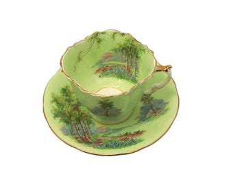 Vintage Aynsley Bone China-theekop en schotel: boslandschap, gouden rand
