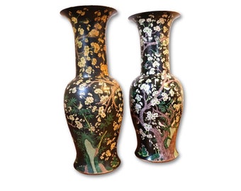 Antique Chinese Famille Noir Baluster Vases w/ Bird and flowers, Chenghua Ming mark, 19th Century Chinese Baluster Vases