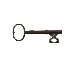 May include: An antique, dark brown key with a circular handle and a detailed bit. The key is made of metal and appears to be aged, suggesting it is vintage or a replica. The key is set against a white background.