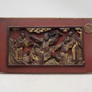 Antique Chinese Lacquered Carved Wall Plaques – Hand-Painted Gilt Scenes on Red & Black Panels | Asian Decor