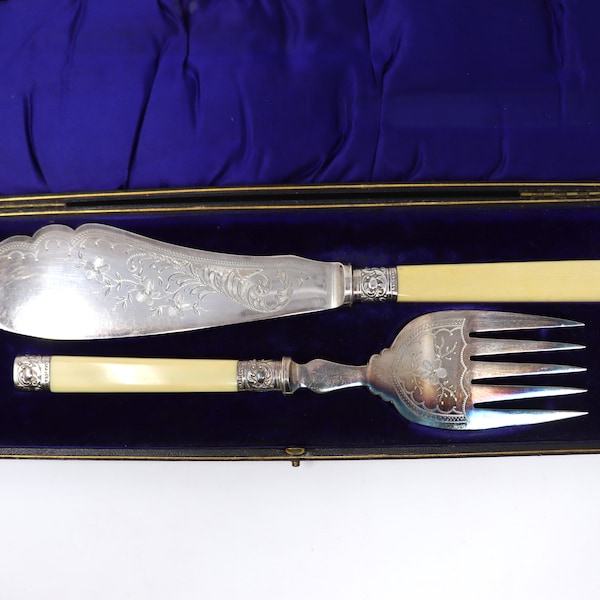 Sheffield Lee & Wigfull SILVER Mounted Antique Silver Fish Knife And Fork Serving Set, Victorian Serving Fork Knife Set